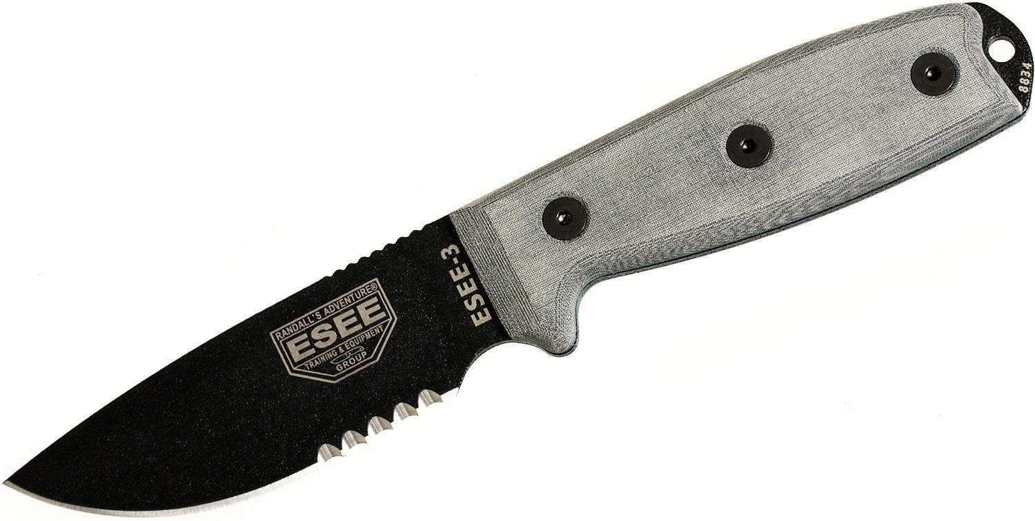 E-shop ESEE ESEE-3SM Serrated univerzálny nôž 9,8 cm, čierna, šedá, pripínacie plastové puzdro Coyote Brown