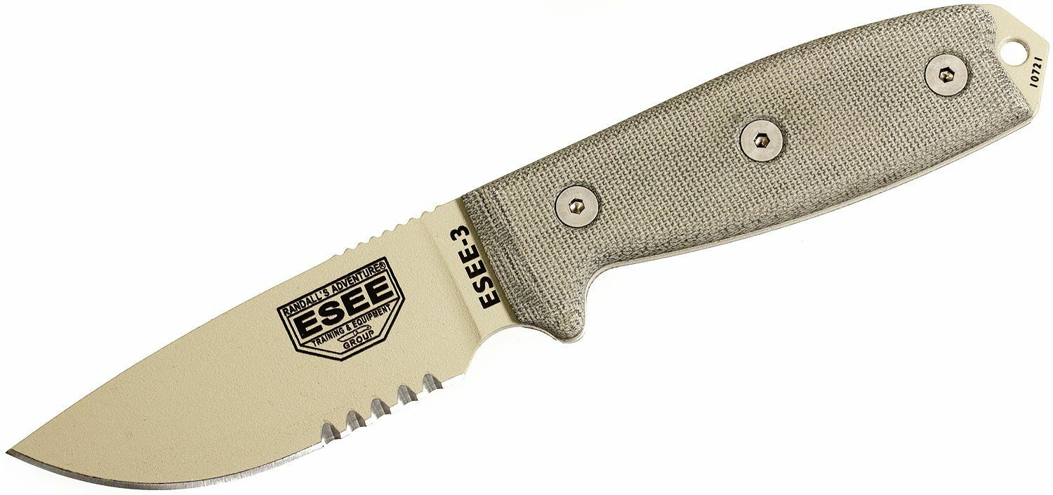 E-shop ESEE ESEE-3S-MB-DT Serrated univerzálny nôž 9,8 cm, piesková hnedá, pripínacie plastové puzdro zelená