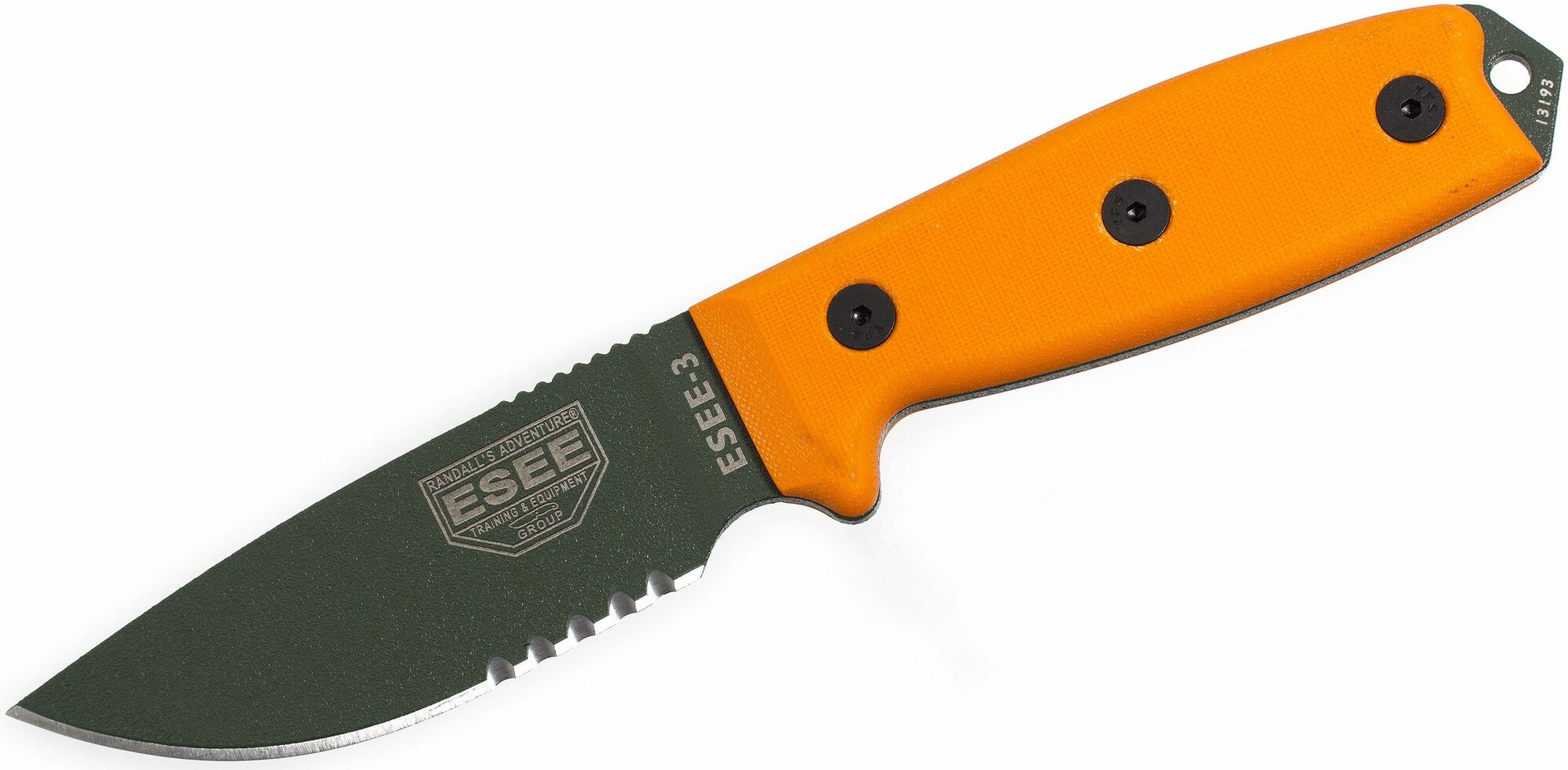 E-shop ESEE ESEE-3S-OD Serrated univerzálny nôž 9,8 cm, zelená, oranžová, G10, pripínacie plastové puzdro čierna