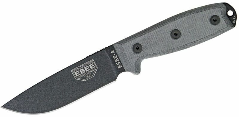 E-shop ESEE ESEE-4P-MB univerzálny nôž 11,4 cm, čierna, šedá, Micarta, pripínacie hnedé plastové puzdro MOLLE