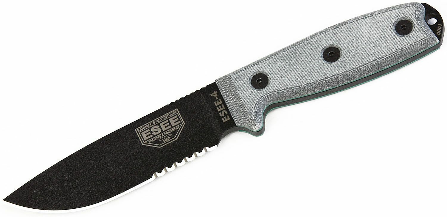 E-shop ESEE ESEE-4S Serrated univerzálny nôž 11,4 cm, čierna, šedá, Micarta, pripínacie hnedé plastové puzdro
