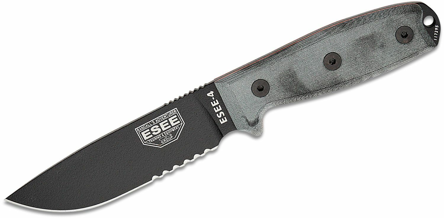 E-shop ESEE ESEE-4S-MB-B Serrated univerzálny nôž 11,4 cm, čierna, šedá, Micarta, čierne plastové puzdro MOLLE