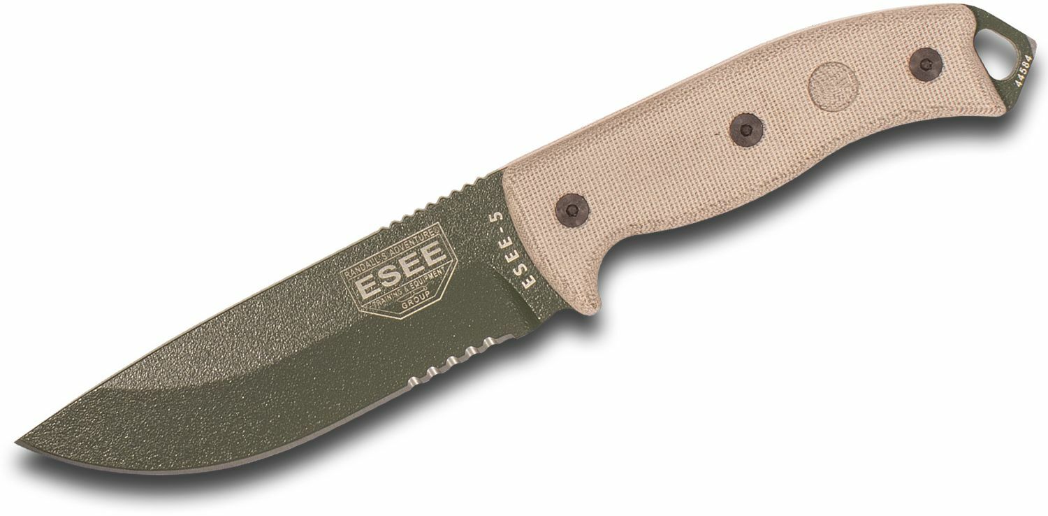 E-shop ESEE ESEE-5S-OD-E univerzálny nôž 13,3 cm, zelená, piesková, Micarta, rozbíjač skla, puzdro kydex