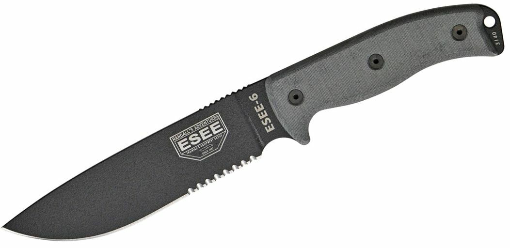 E-shop ESEE ESEE-6S Serrated univerzálny nôž 16,5 cm, čierna, šedá, Micarta, plastové hnedé puzdro, pripínanie