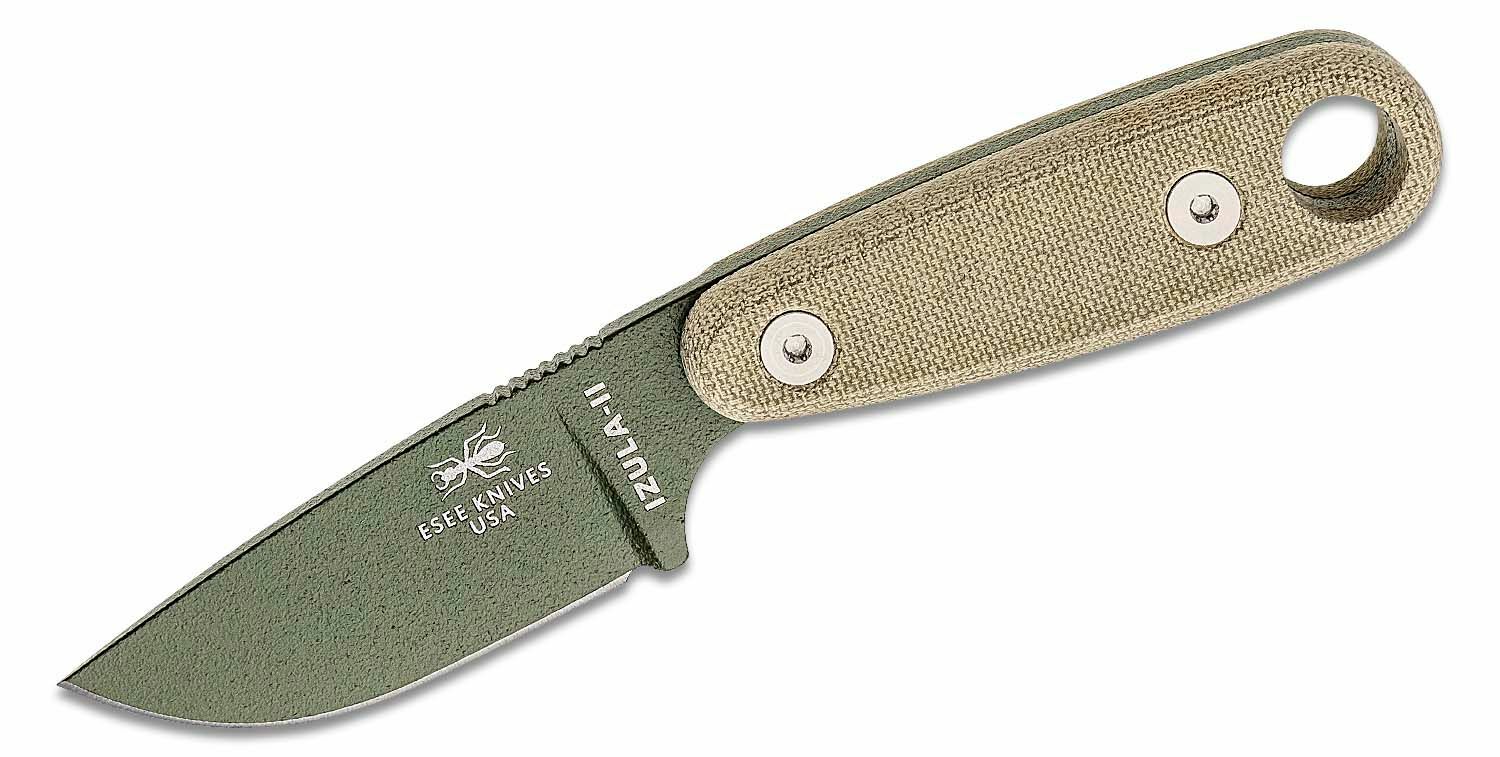E-shop ESEE IZULA-II-OD-KIT pevný nôž 7,3 cm, zelená, Micarta, čierne plastové puzdro, súprava na prežitie