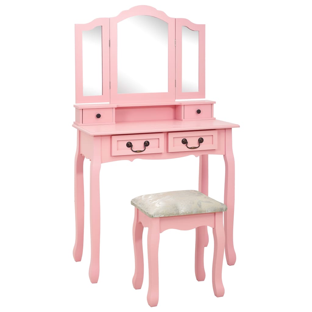 E-shop Multidom Toaletný stolík so stoličkou, ružový 80x69x141 cm, paulovnia