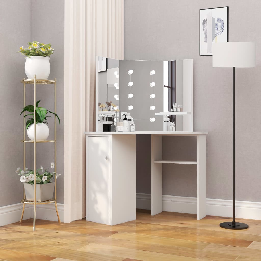 Multidom Rohový toaletný stolík make-up stolík s LED osvetlením biely