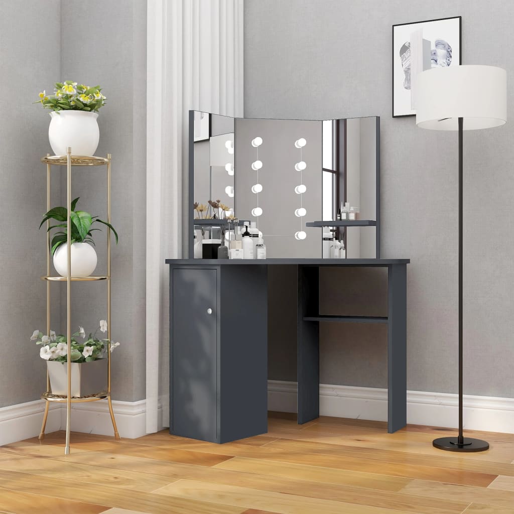 E-shop Multidom Rohový toaletný stolík s LED sivý 111x54x141,5 cm