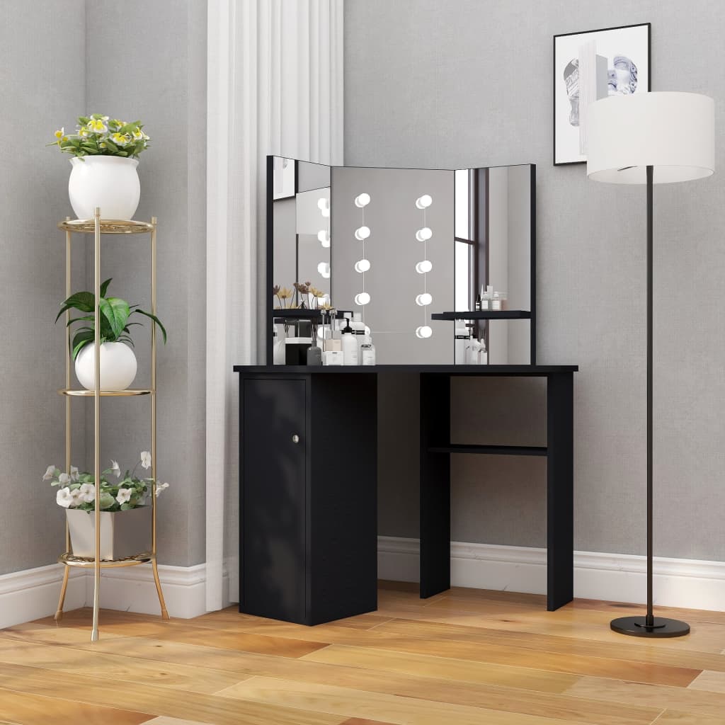 E-shop Multidom Rohový toaletný stolík s LED čierny 111x54x141,5 cm