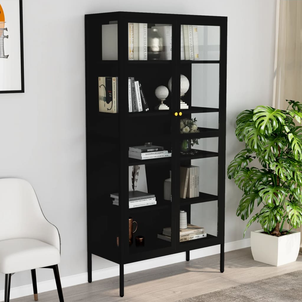 E-shop Multidom Vitrína čierna 90x40x180 cm oceľ a tvrdené sklo