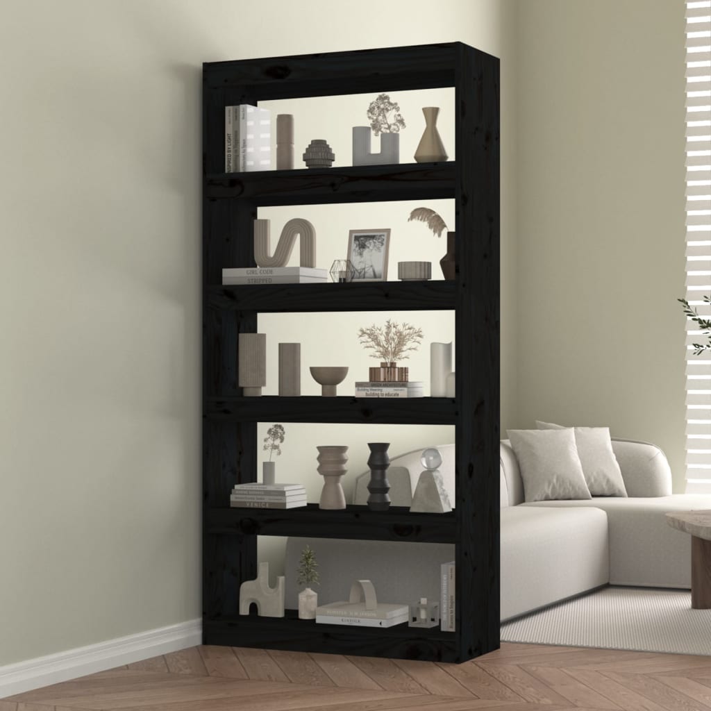 E-shop Multidom Knižnica/deliaca stena čierna 80x30x167,4 cm masívna borovica