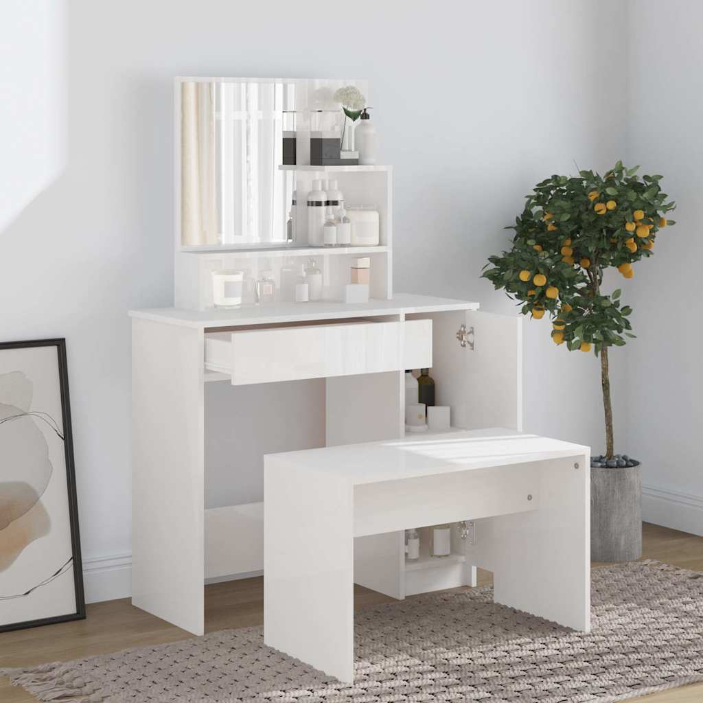 E-shop Multidom Sada toaletného stolíka lesklá biela 86,5x35x136 cm