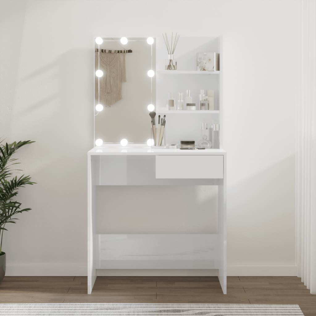 Multidom Toaletný stolík s LED lesklý biely 74,5x40x141 cm