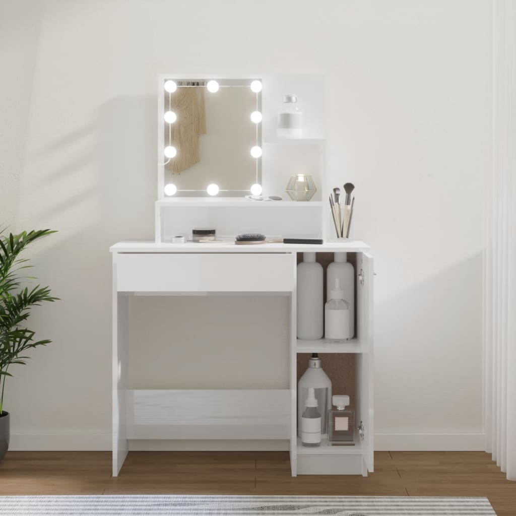 Multidom Toaletný stolík s LED lesklý biely 86,5x35x136 cm