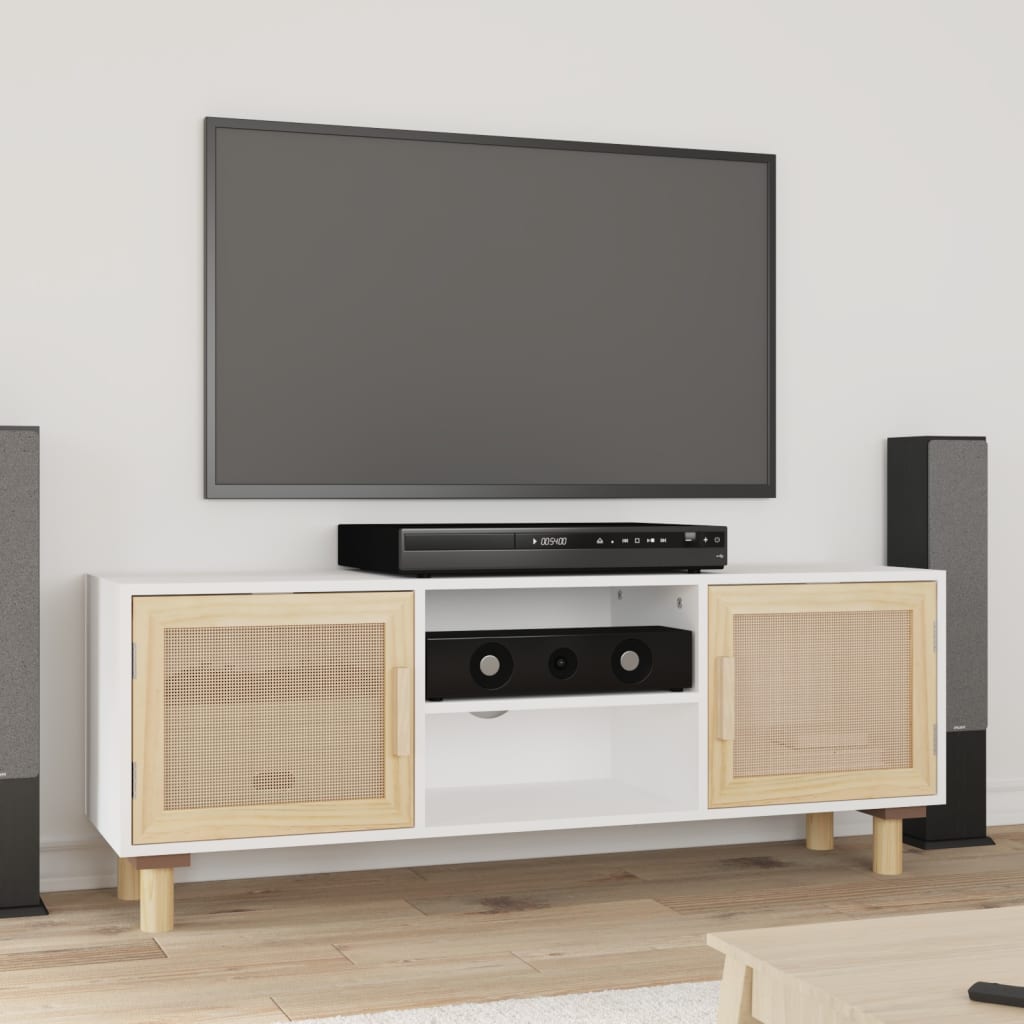 E-shop Multidom TV skrinka biela 105x30x40 cm masívna borovica a prírodný ratan
