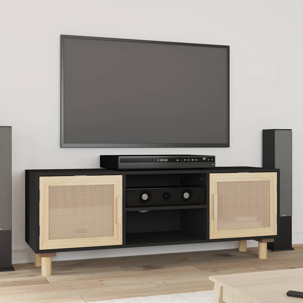 E-shop Multidom TV skrinka Čierna 105x30x40cm masívna borovica a prírodný ratan