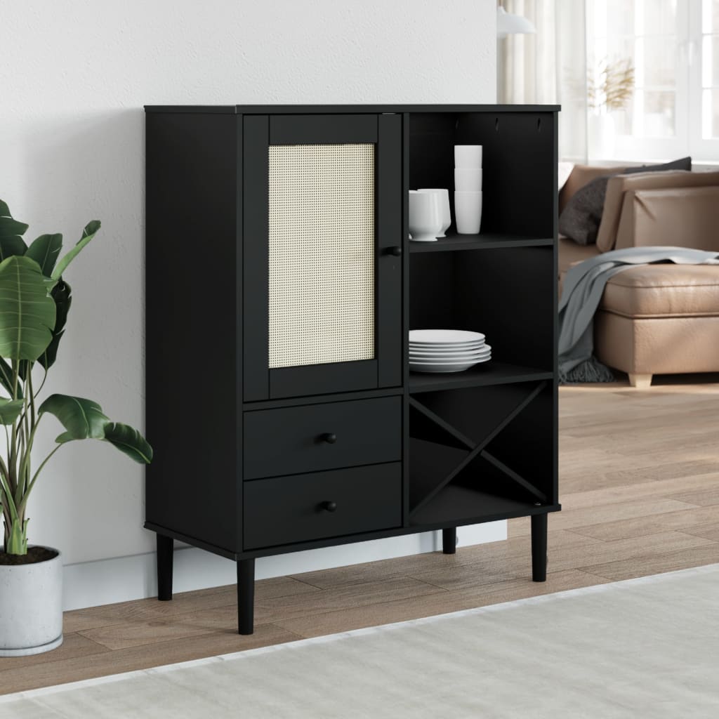 E-shop Multidom Vysoká skrinka SENJA, ratanová čierna 90x40x112 cm, borovica