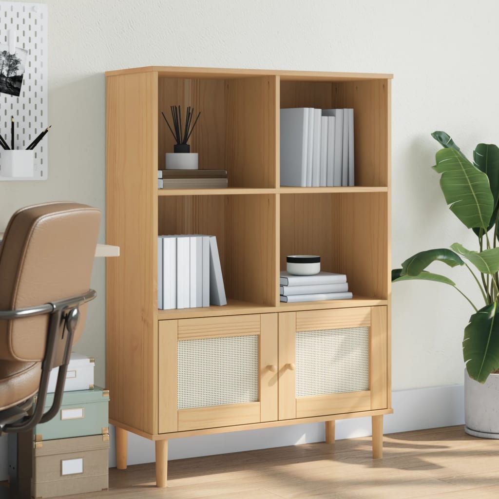 E-shop Multidom Knižnica SENJA, ratanový vzhľad, hnedá 90x35x130 cm, borovica