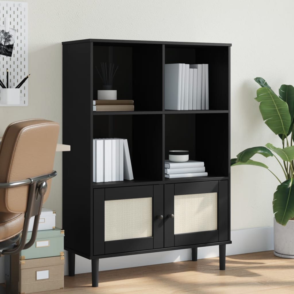 E-shop Multidom Knižnica SENJA, ratanový vzhľad, čierna 90x35x130 cm, borovica