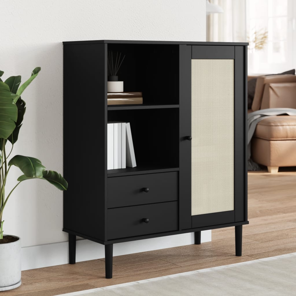 E-shop Multidom Skrinka SENJA, ratanový vzhľad, čierna 90x40x112 cm, borovica