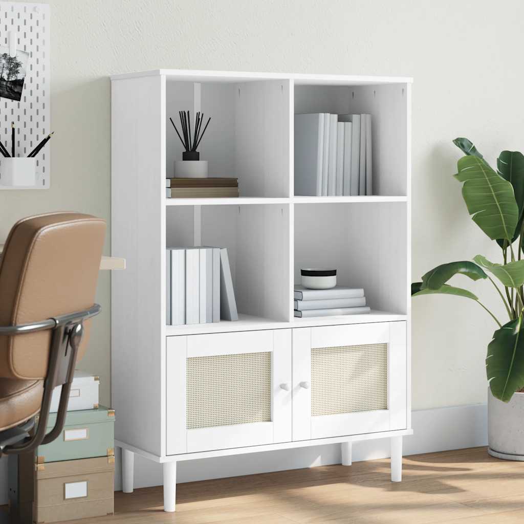 E-shop Multidom Knižnica SENJA, ratanový vzhľad, biela 90x35x130 cm, borovica