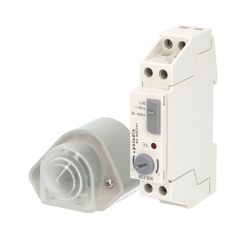 Spínač soumrakový PALADIN 923500, 1-1000lux, 16A, s ext. čidlem, IP54, šedý, na DIN