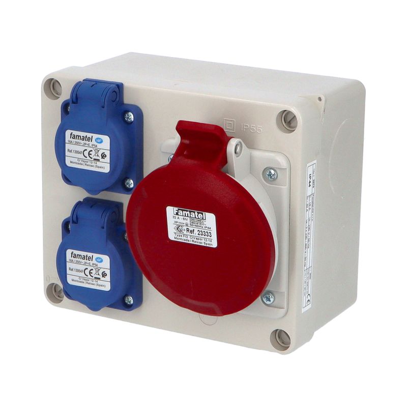 E-shop Famatel Zás. krabice 3070 IP54 2x230V s ochr. kolíkem, 1x400V/32A/5, 170x140x90mm, hladké boky
