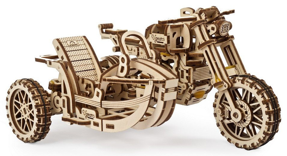 Ugears 3D drevené mechanické puzzle UGR-10 Motorka (scrambler) s vozíkom