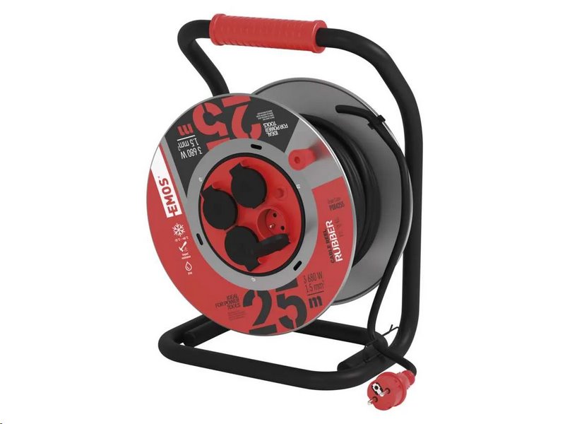 E-shop Predlžovací kábel EMOS P084255 PROFI na kovovom bubne 25m / 3x1,5mm guma / 4 zásuvky P084255