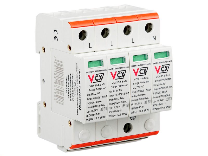 E-shop Přepěťová ochrana VCX P-4-B+C AC třída T1T2 (B+C) 4P 12.5kA s jiskřištěm