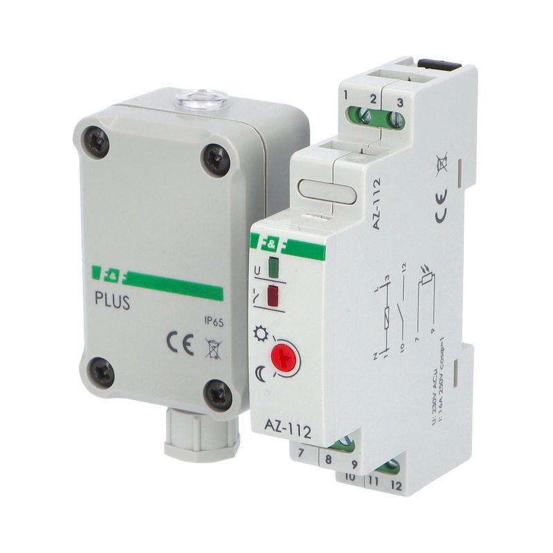 E-shop Spínač soumrakový F&F AZ-112 PLUS, 2-1000lux, 16A, 230V, s ext. čidlem, IP65, šedý, na DIN
