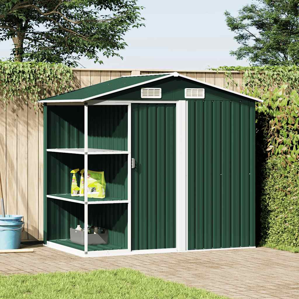 E-shop Multidom Záhradná kôlňa s regálom zelená 205x130x183 cm železná
