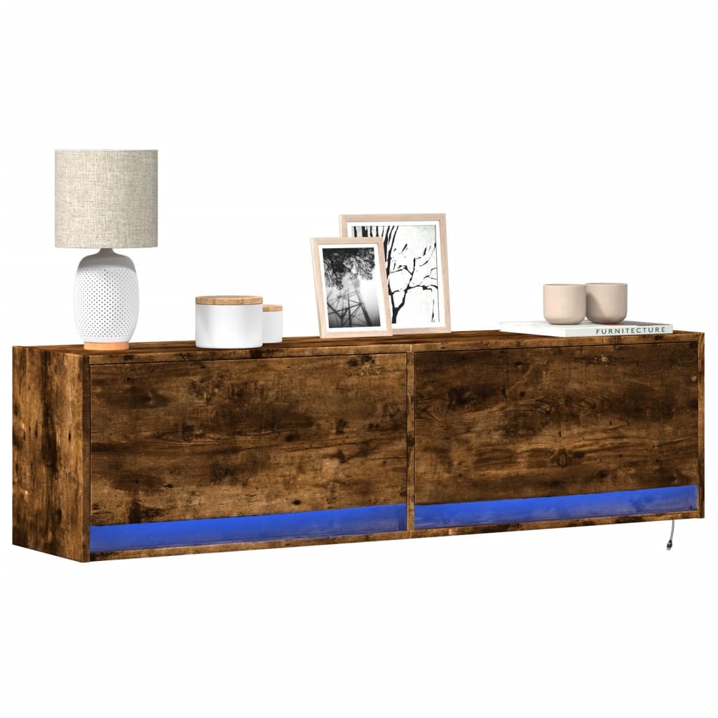 E-shop Multidom TV nástenná skrinka s LED svetlami dymový dub 140x31x38 cm