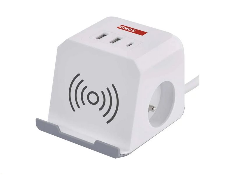 E-shop Prodlužovací kabel EMOS P0212CQ - kostka 2 m / 2 zásuvky / bílý / 2×USB-A + 1×USB-C+Qi / 1,5 mm2 P0212CQ