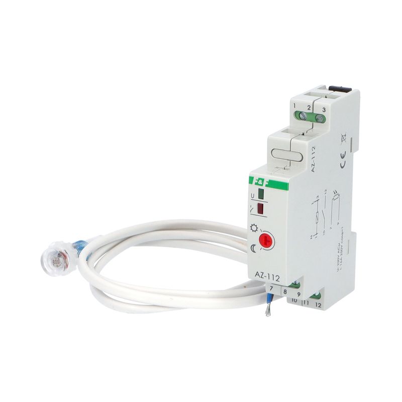 E-shop Spínač soumrakový F&F AZ-112, 2-1000lux, 16A, s ext. čidlem (16mm), IP65, šedý, na DIN