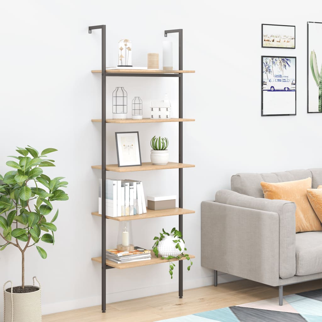 E-shop Multidom Naklonený regál s 5 policami, svetlohnedo čierny 64x35x185 cm