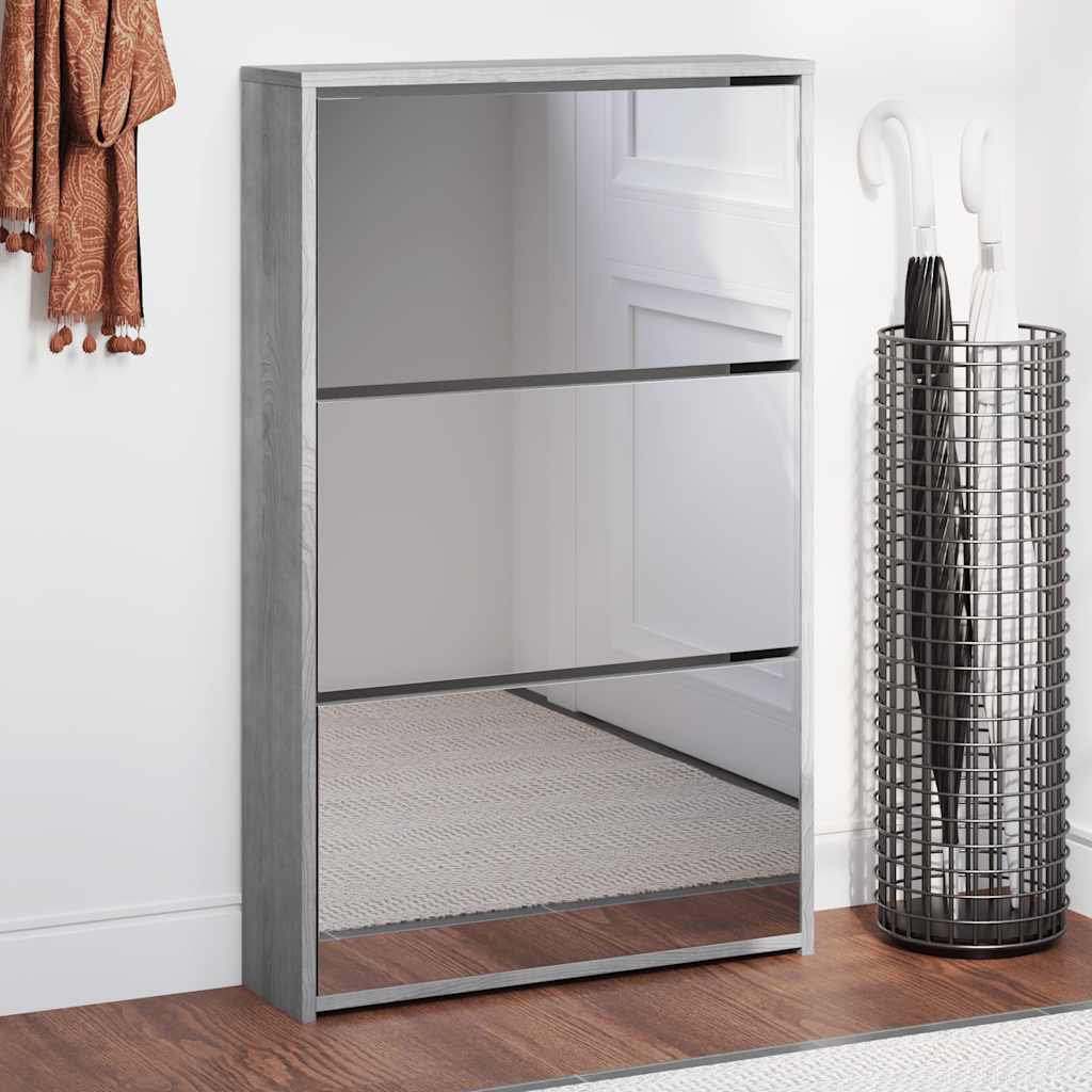 E-shop Multidom Botník so zrkadlom 3-poschodový sivý sonoma 63x17x102,5cm