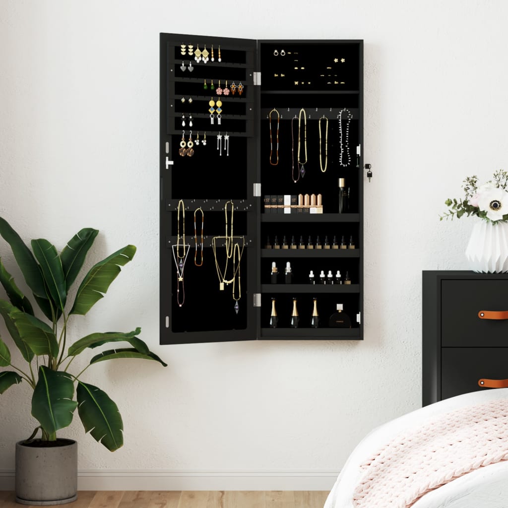 E-shop Multidom Zrkadlová skrinka na šperky nástenná čierna 37,5x10x106 cm