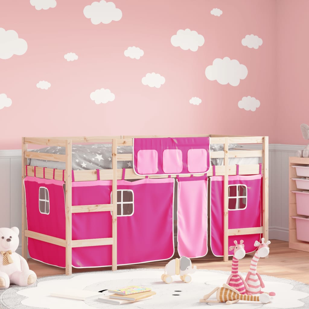 E-shop Multidom Detská vyvýšená posteľ závesy ružová 80x200 cm masívna borovica