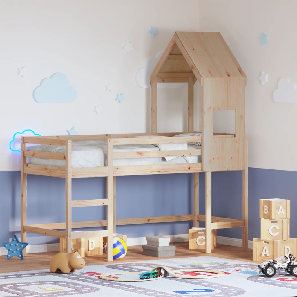 E-shop Multidom Vyvýšená posteľ rebrík strecha 90x190 cm masívna borovica
