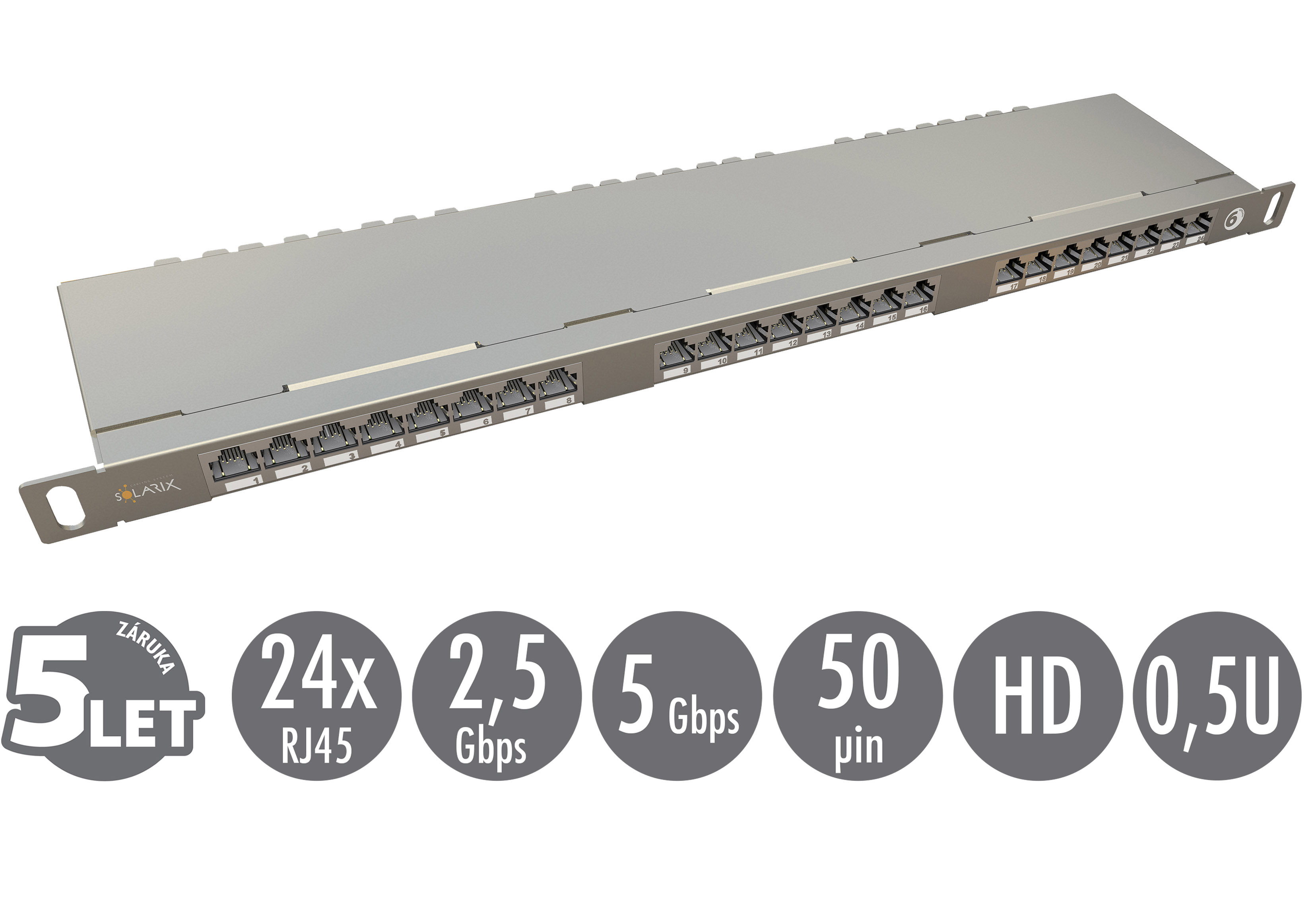 19'' patch panel Solarix 24xRJ45 CAT6 STP s vyväzovacou lištou 0,5U SX24HD-6-STP-SL