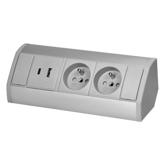 Povrchová zásuvka ORNO OR-GM-9039/G, rohové púzdro, 2x 230V, 2x USB (A+C type; 2.4A), farba šedá-strieborná