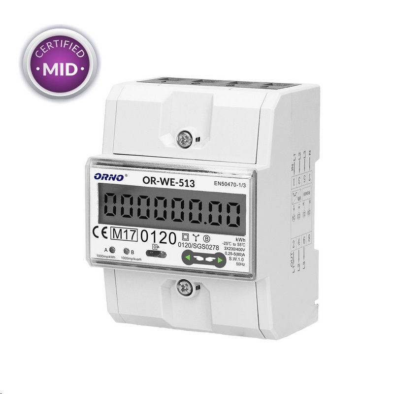 Elektromer 3F na DIN lištu trojfázový Orno OR-WE-513 digitálny, MID