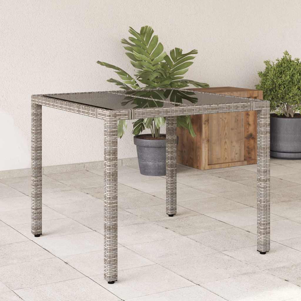 E-shop Multidom Záhradný stôl so sklenenou doskou sivý 90x90x75 cm polyratan