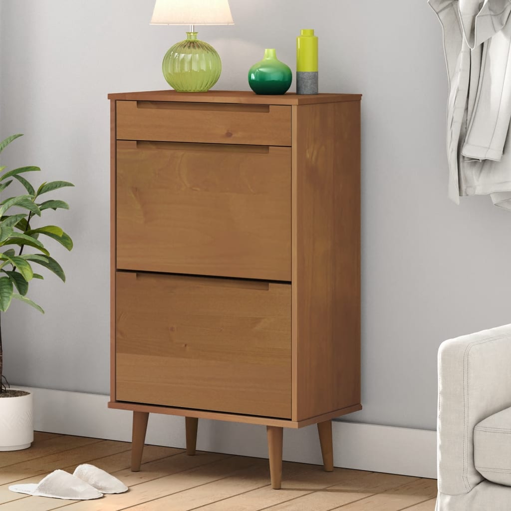 E-shop Multidom Skrinka na topánky MOLDE, hnedá 59,5x35x103cm, borovicový masív