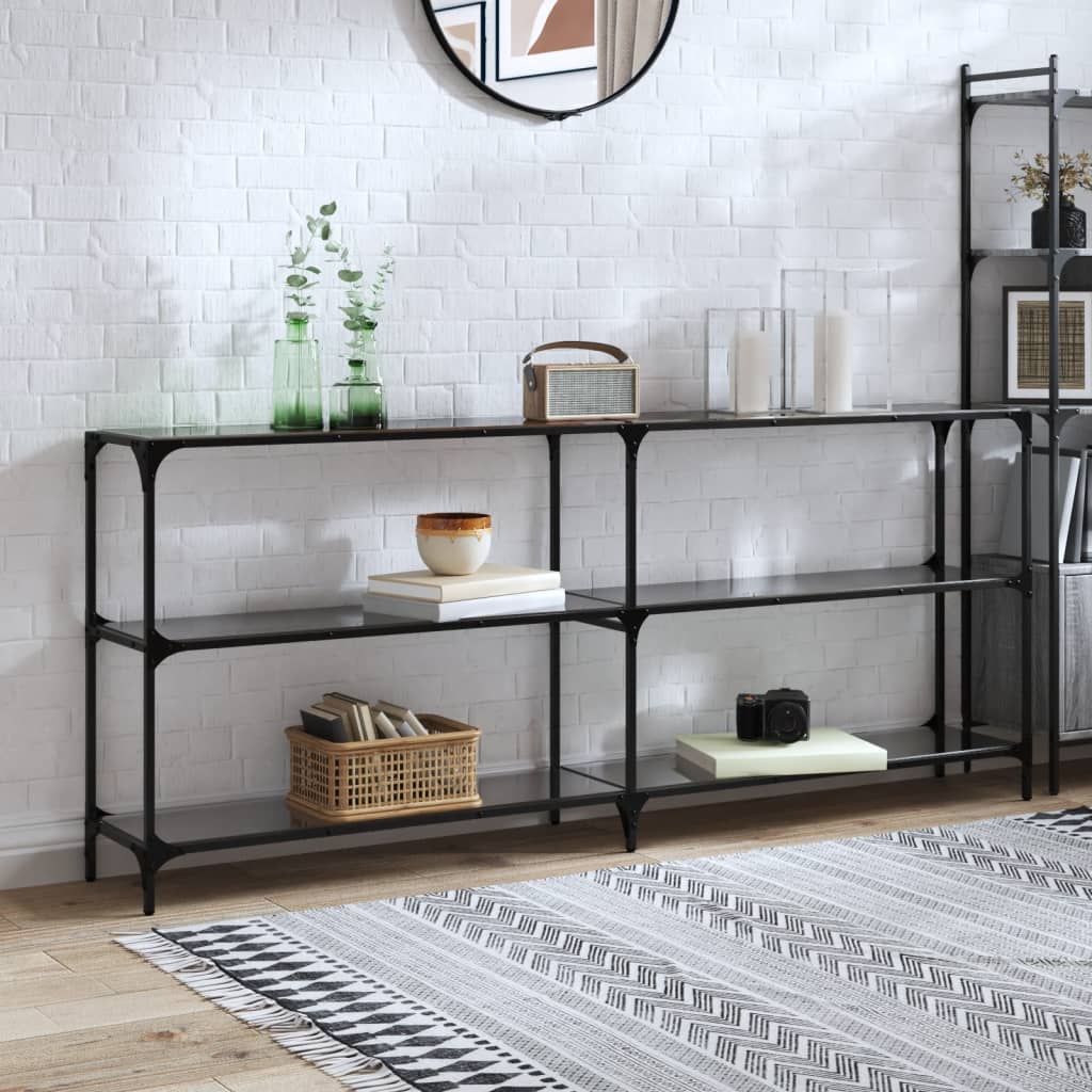 E-shop Multidom Konzolový stolík s čiernou sklenenou doskou 194,5x30x81 cm oceľ