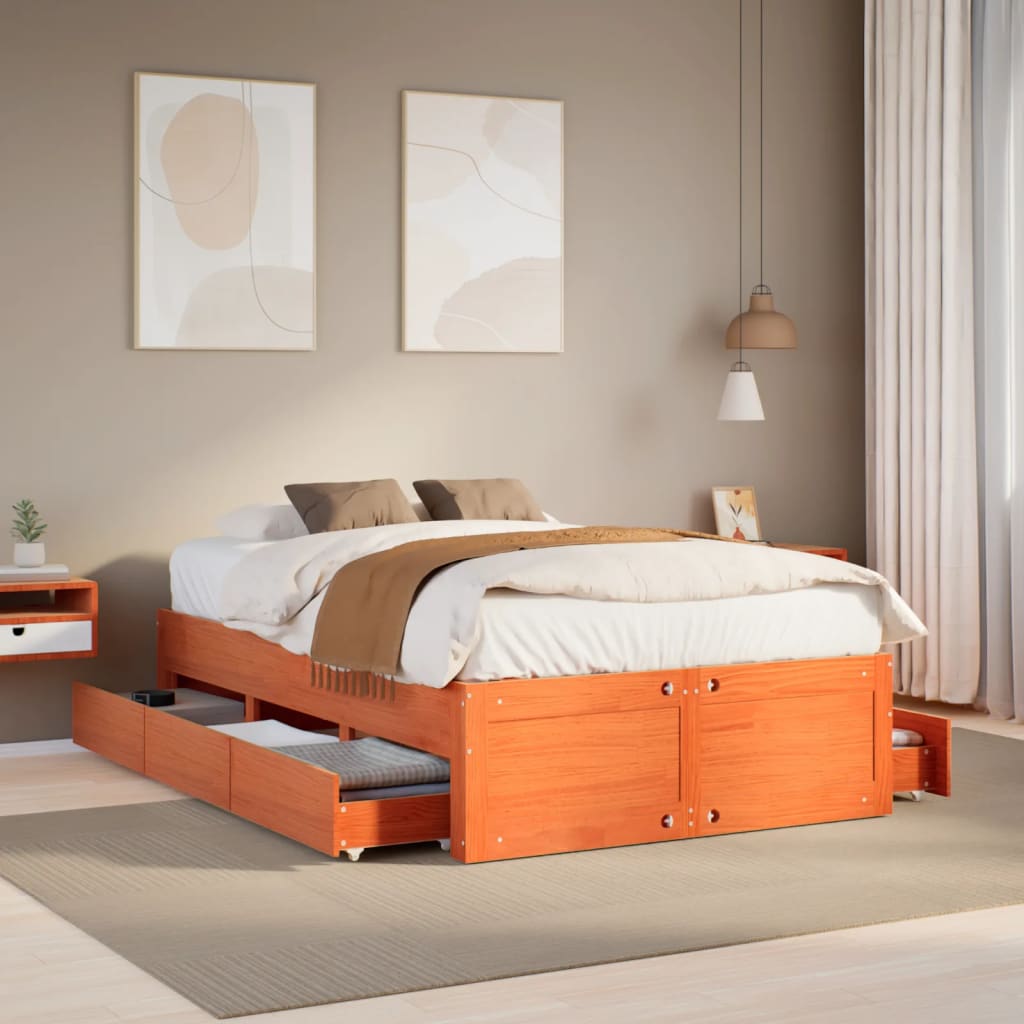 E-shop Multidom Posteľ bez matraca so zásuvkami vosková 135x190 cm borovica
