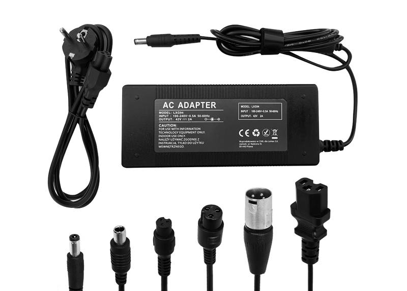 Nabíjačka pre elektrické kolobežky a elektrické vozidlá 230V AC DC – 42V/2A, 84W, 6 DC konektorov (5,5/8/12/17 mm, GX 9/16 mm)