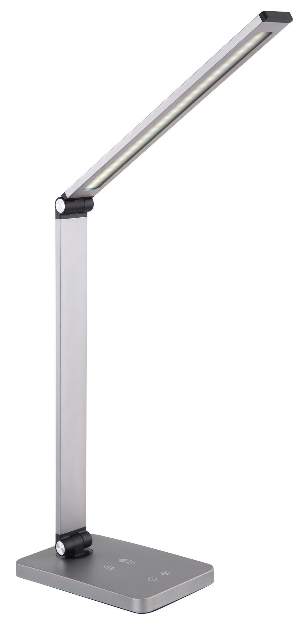 Platinet stolná LED lampa 10W stmievateľná, dotykové ovládanie, bezdrôtové nabíjanie, USB port, strieborný