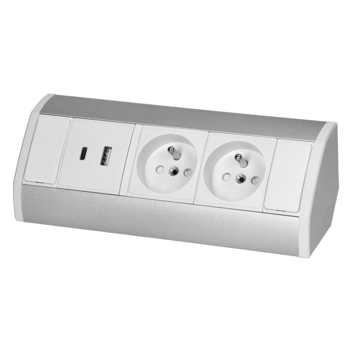 E-shop Povrchová zásuvka ORNO OR-GM-9039/WG, rohové púzdro, 2x 230V, 2x USB (A+C type; 2.4A), farba biela-strieborná OR-GM-9039/W-G